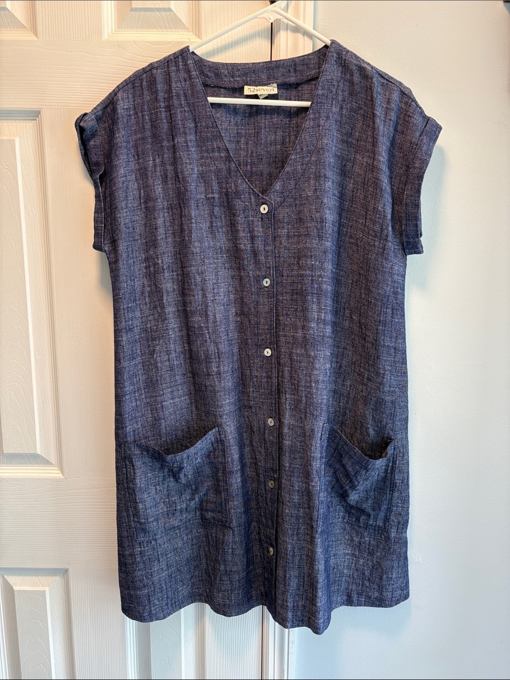 52 Seven cap sleeve Blue lbButton-Front Mini Dress with Pockets